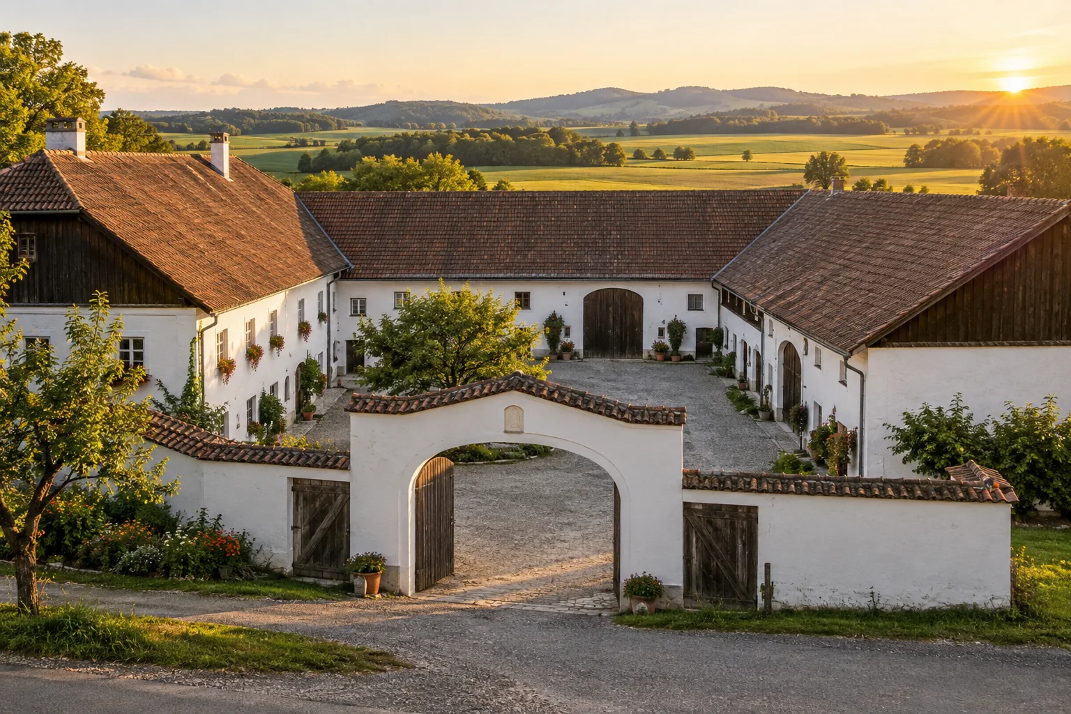 An Austrian courtyard farm with an arched gateway and connected buildings