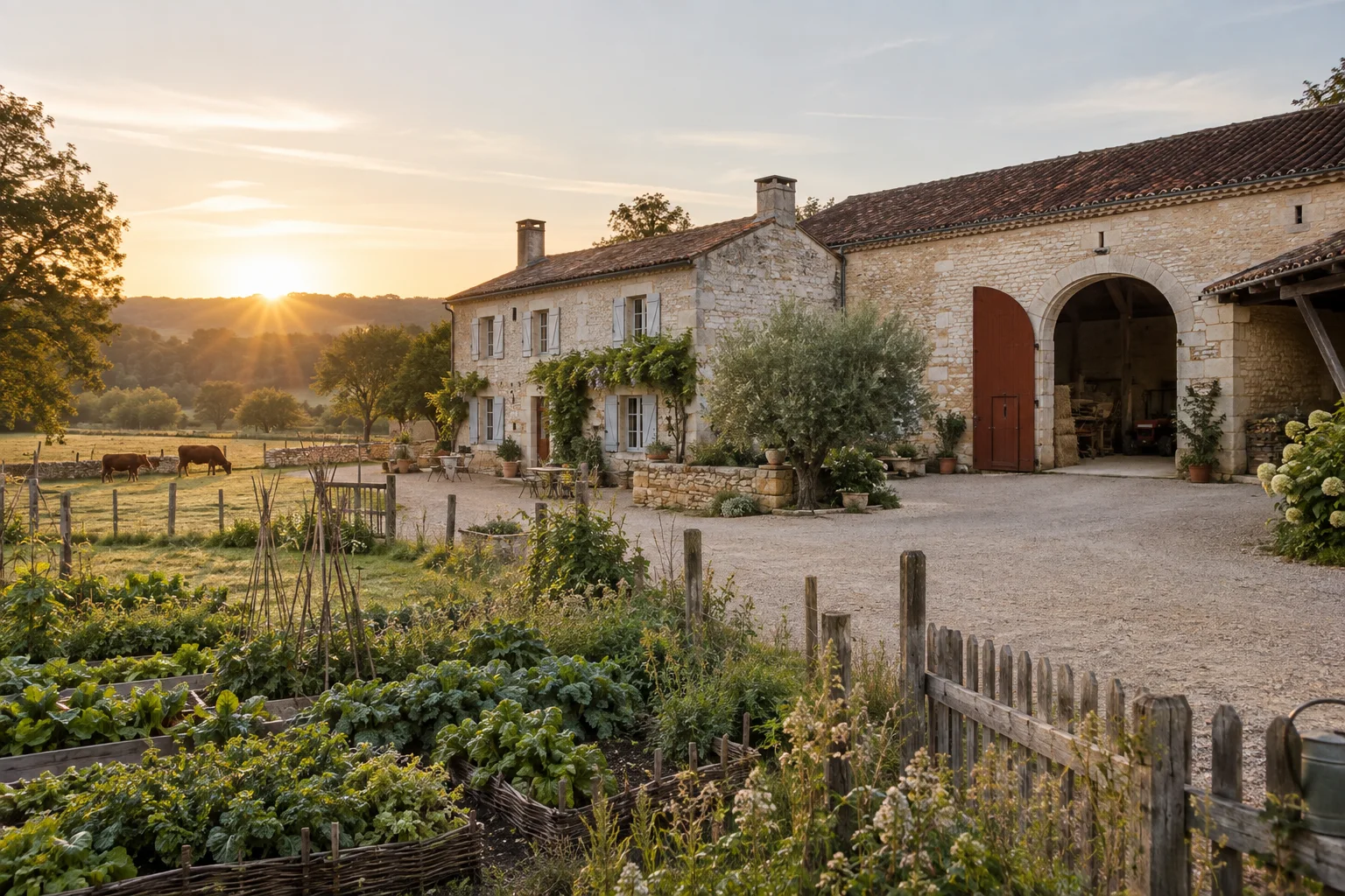 A French limestone farmstead with a productive garden and arched courtyard entrance