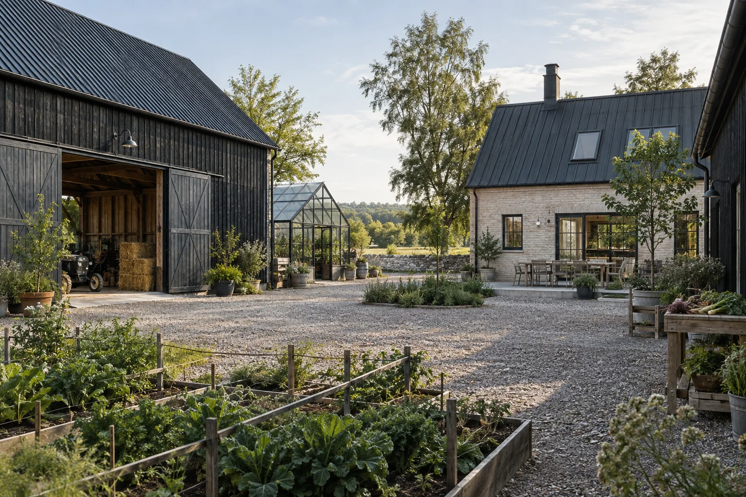 A modern Scandinavian farmstead with family buildings and working barns gathered around a sunny courtyard